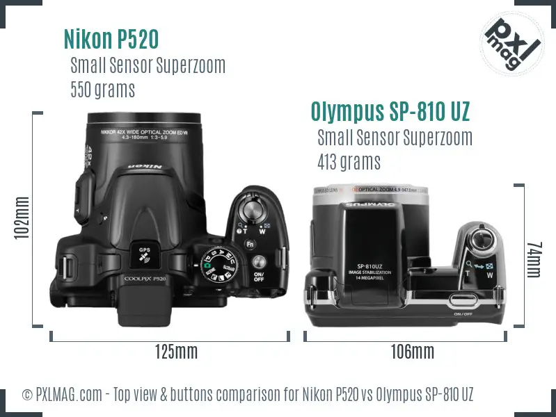 Nikon P520 vs Olympus SP-810 UZ top view buttons comparison