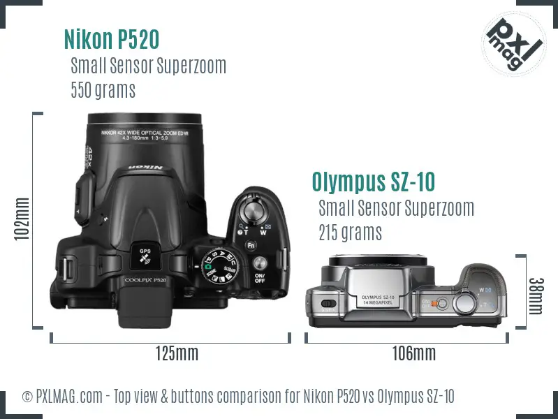 Nikon P520 vs Olympus SZ-10 top view buttons comparison