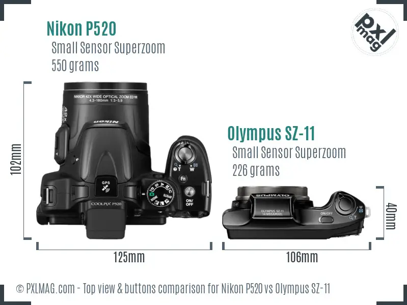Nikon P520 vs Olympus SZ-11 top view buttons comparison