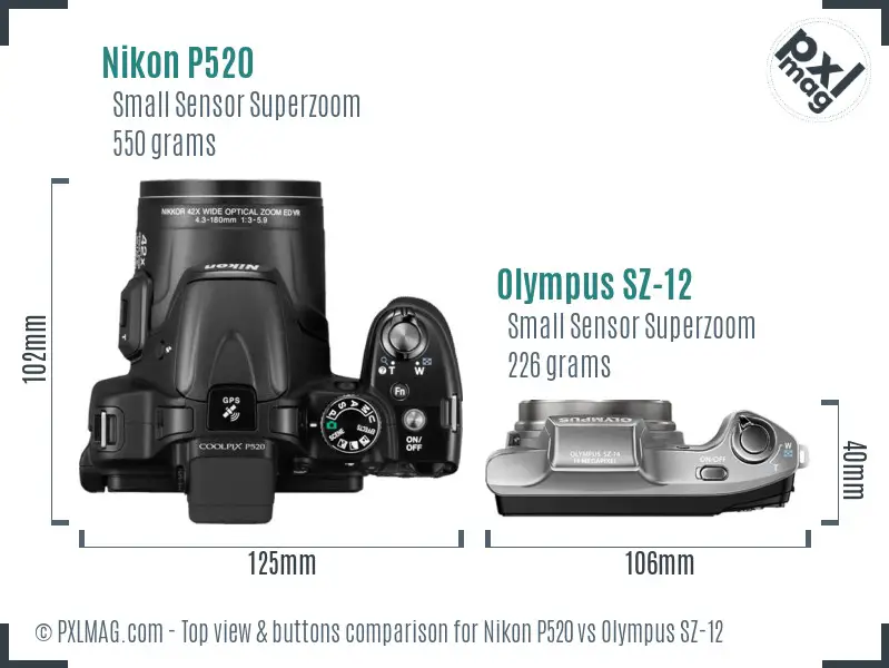 Nikon P520 vs Olympus SZ-12 top view buttons comparison