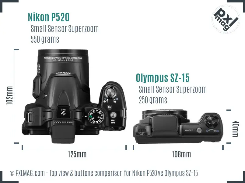 Nikon P520 vs Olympus SZ-15 top view buttons comparison Nikon P520 vs Olympus SZ-15 top view buttons comparison