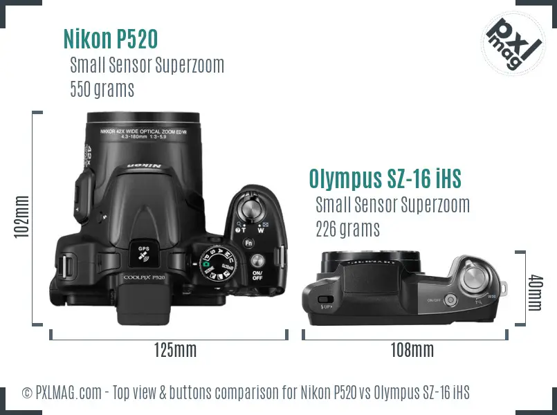 Nikon P520 vs Olympus SZ-16 iHS top view buttons comparison