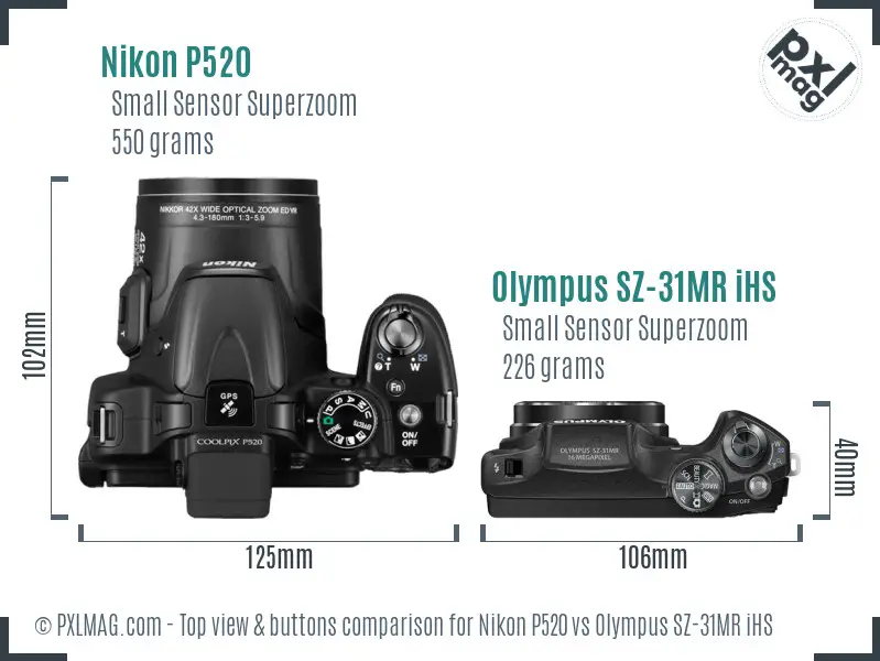 Nikon P520 vs Olympus SZ-31MR iHS top view buttons comparison