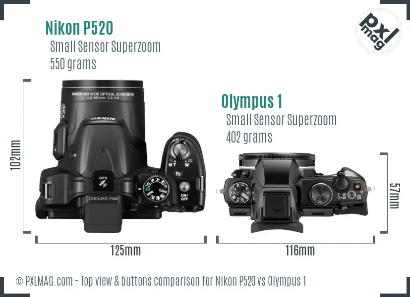 Nikon P520 vs Olympus 1 top view buttons comparison
