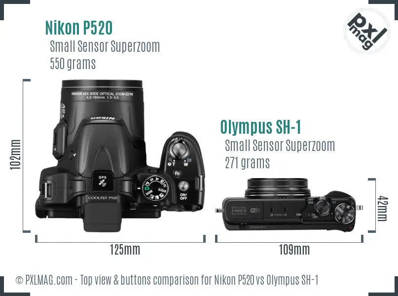 Nikon P520 vs Olympus SH-1 top view buttons comparison