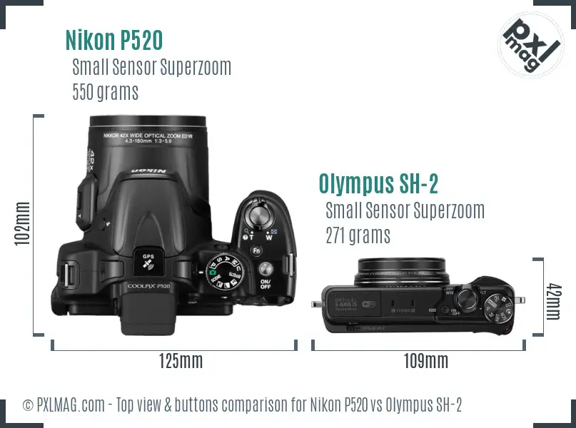 Nikon P520 vs Olympus SH-2 top view buttons comparison