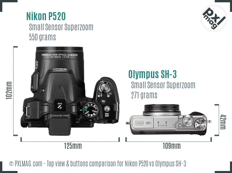 Nikon P520 vs Olympus SH-3 top view buttons comparison