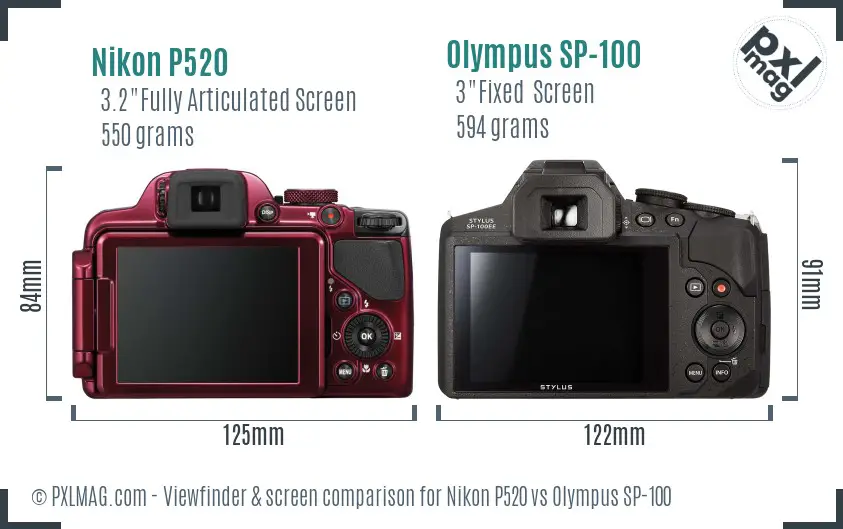 Nikon P520 vs Olympus SP-100 Screen and Viewfinder comparison