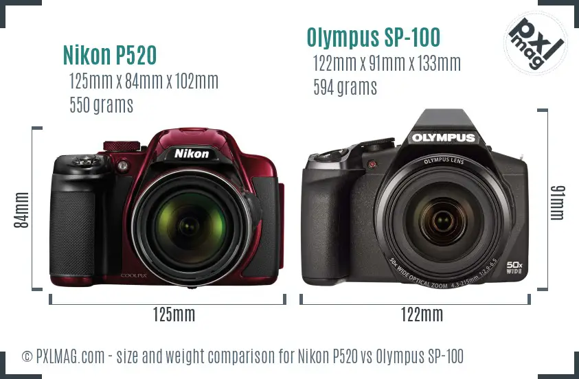 Nikon P520 vs Olympus SP-100 size comparison