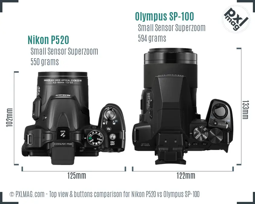 Nikon P520 vs Olympus SP-100 top view buttons comparison