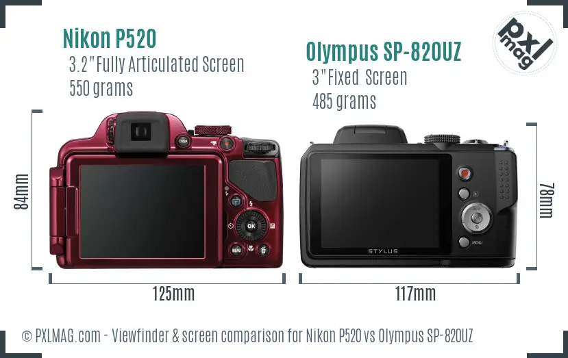 Nikon P520 vs Olympus SP-820UZ Screen and Viewfinder comparison