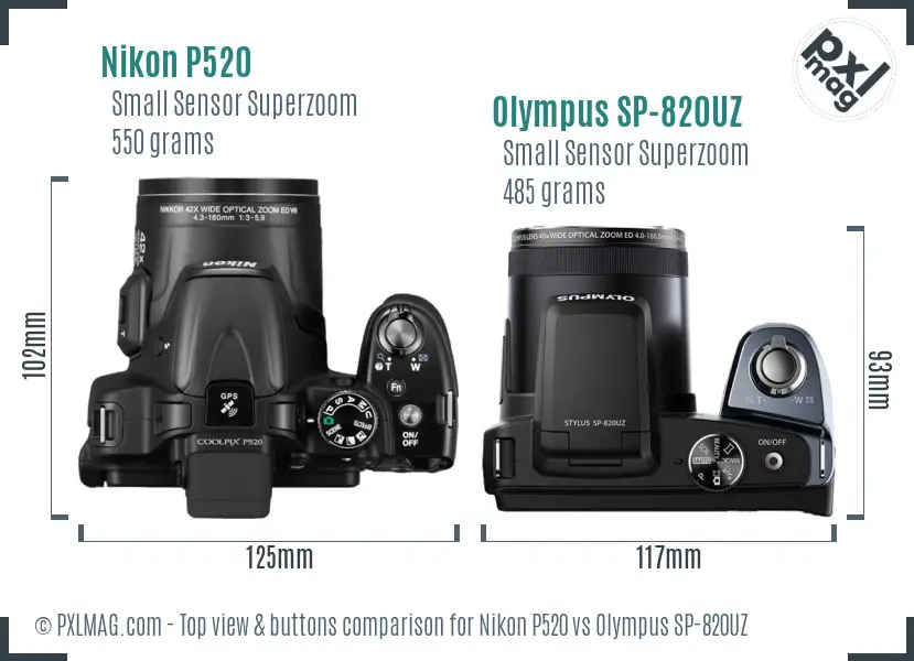 Nikon P520 vs Olympus SP-820UZ top view buttons comparison