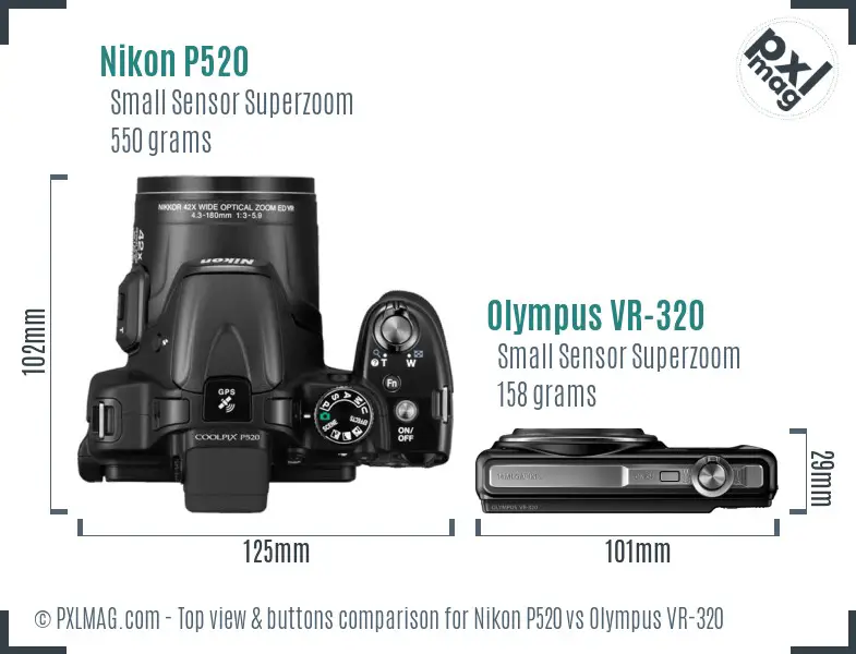 Nikon P520 vs Olympus VR-320 top view buttons comparison Nikon P520 vs Olympus VR-320 top view buttons comparison