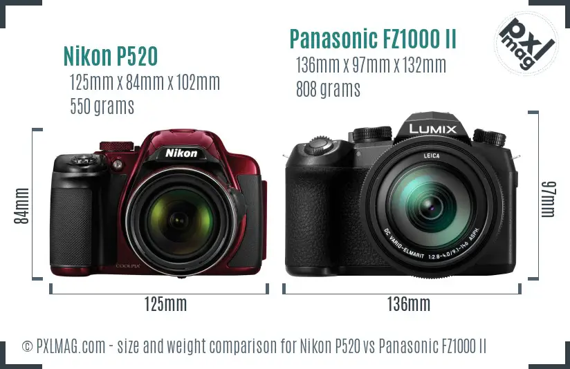 Nikon P520 vs Panasonic FZ1000 II size comparison
