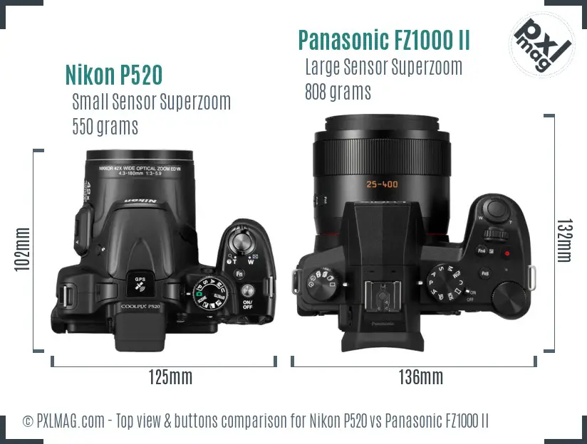 Nikon P520 vs Panasonic FZ1000 II top view buttons comparison