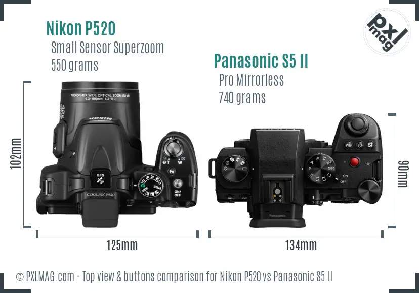 Nikon P520 vs Panasonic S5 II top view buttons comparison