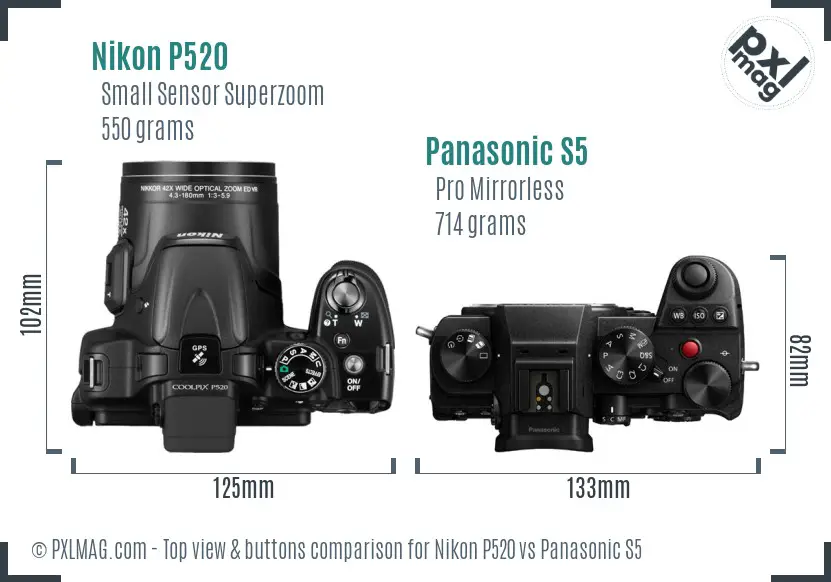 Nikon P520 vs Panasonic S5 top view buttons comparison Nikon P520 vs Panasonic S5 top view buttons comparison