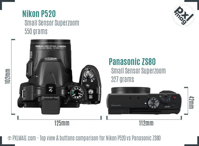 Nikon P520 vs Panasonic ZS80 top view buttons comparison