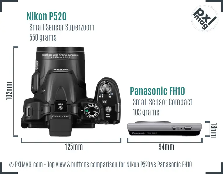 Nikon P520 vs Panasonic FH10 top view buttons comparison Nikon P520 vs Panasonic FH10 top view buttons comparison