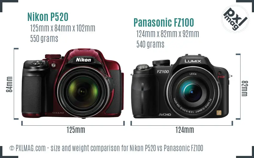 Nikon P520 vs Panasonic FZ100 size comparison