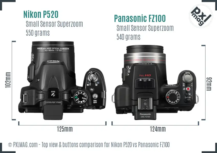 Nikon P520 vs Panasonic FZ100 top view buttons comparison