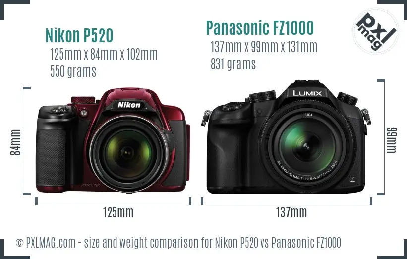 Nikon P520 vs Panasonic FZ1000 size comparison