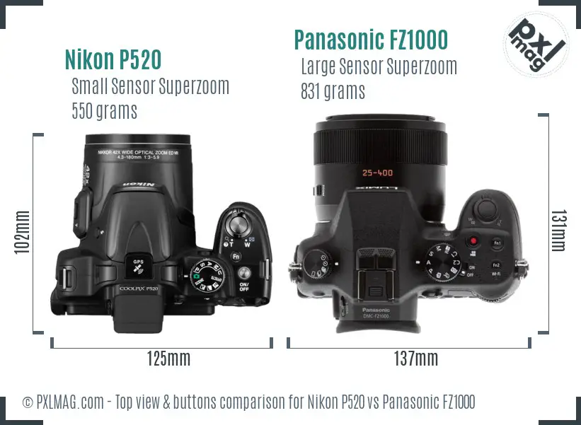 Nikon P520 vs Panasonic FZ1000 top view buttons comparison