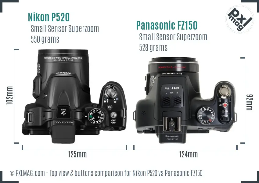 Nikon P520 vs Panasonic FZ150 top view buttons comparison