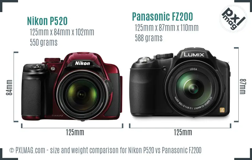 Nikon P520 vs Panasonic FZ200 size comparison