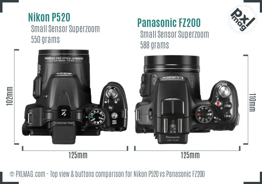 Nikon P520 vs Panasonic FZ200 top view buttons comparison