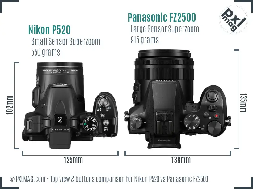 Nikon P520 vs Panasonic FZ2500 top view buttons comparison