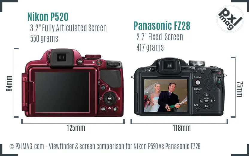 Nikon P520 vs Panasonic FZ28 Screen and Viewfinder comparison