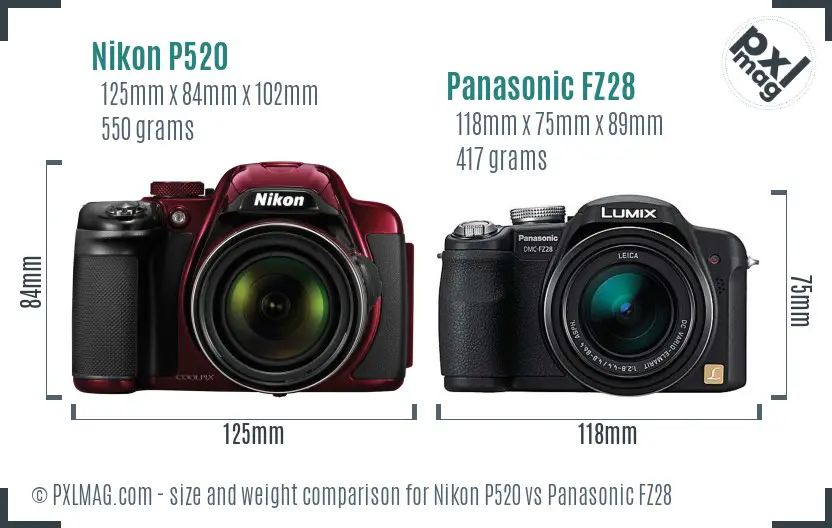 Nikon P520 vs Panasonic FZ28 size comparison