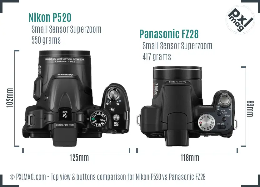 Nikon P520 vs Panasonic FZ28 top view buttons comparison