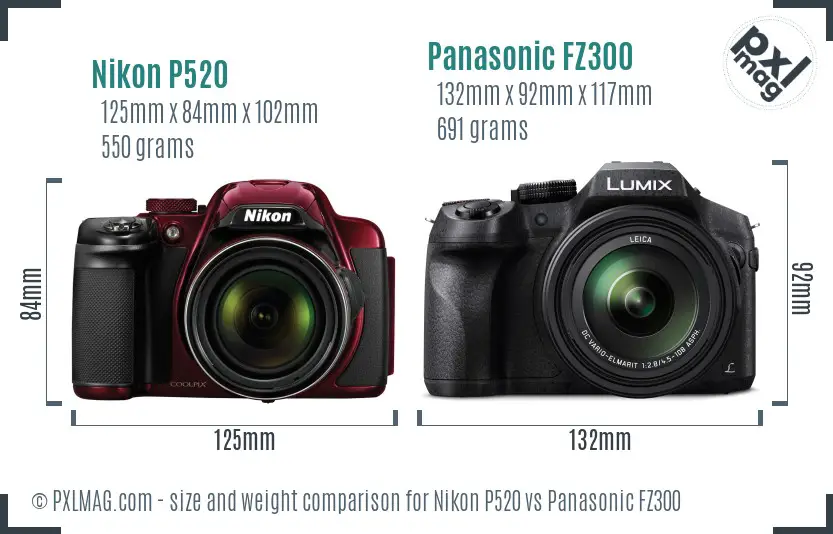 Nikon P520 vs Panasonic FZ300 size comparison
