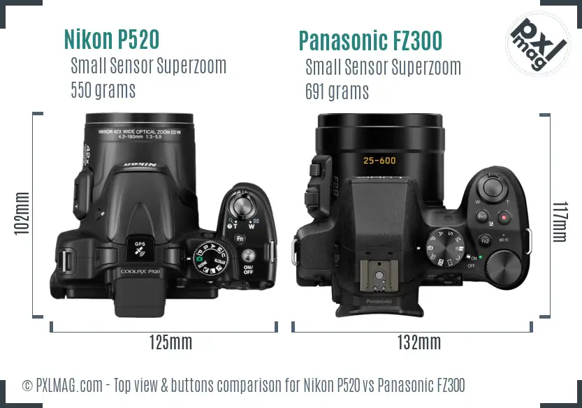 Nikon P520 vs Panasonic FZ300 top view buttons comparison