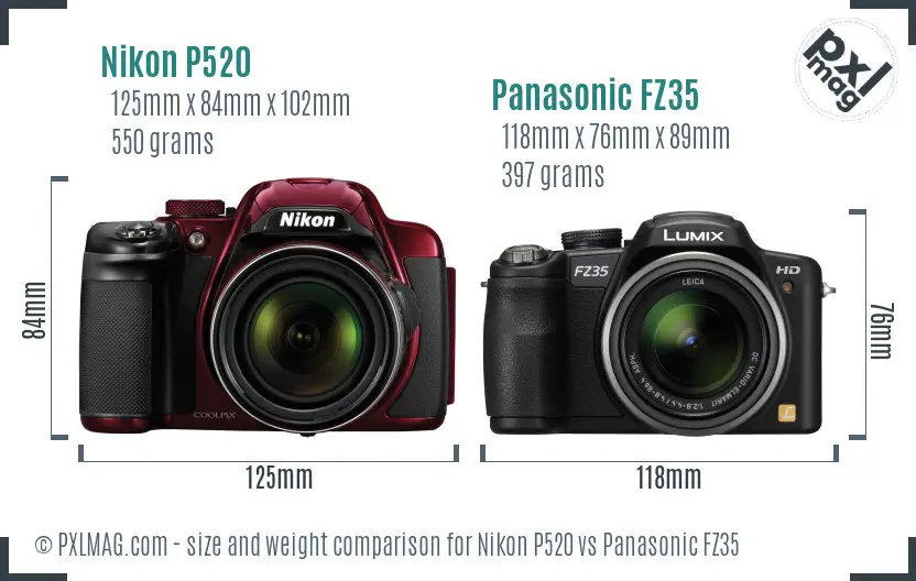 Nikon P520 vs Panasonic FZ35 size comparison