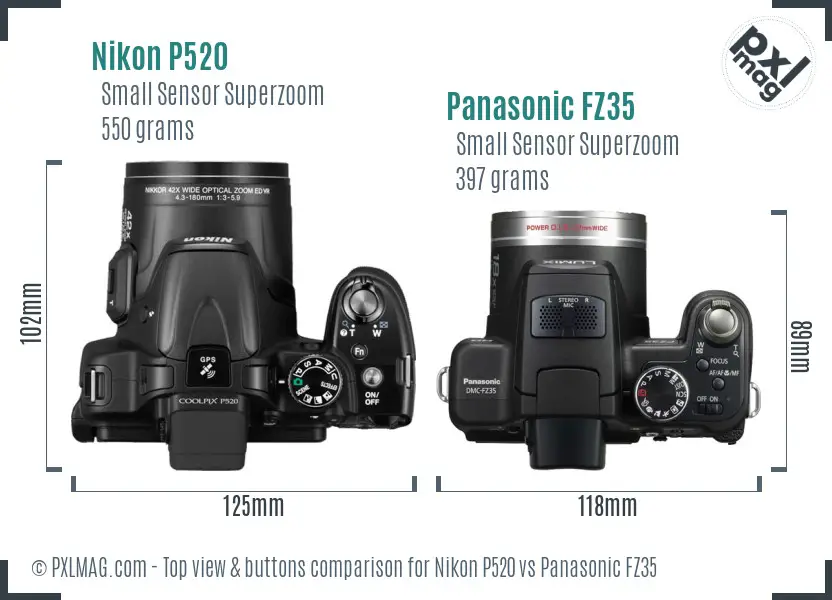Nikon P520 vs Panasonic FZ35 top view buttons comparison