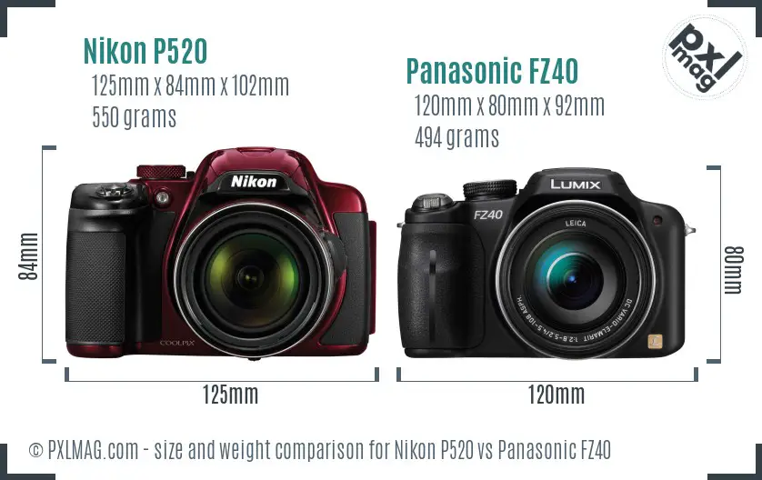 Nikon P520 vs Panasonic FZ40 size comparison
