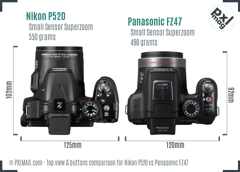 Nikon P520 vs Panasonic FZ47 top view buttons comparison