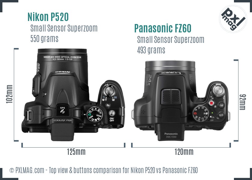 Nikon P520 vs Panasonic FZ60 top view buttons comparison