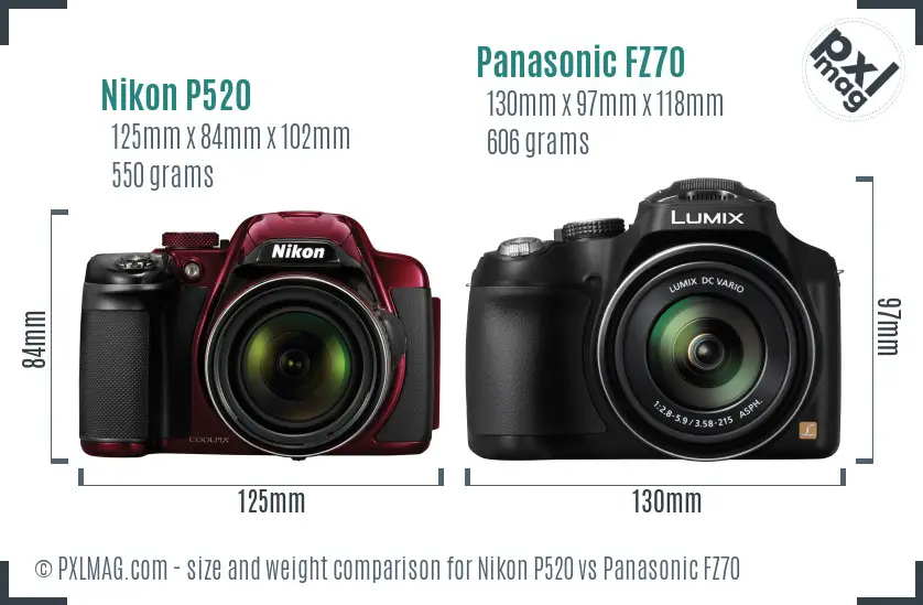 Nikon P520 vs Panasonic FZ70 size comparison