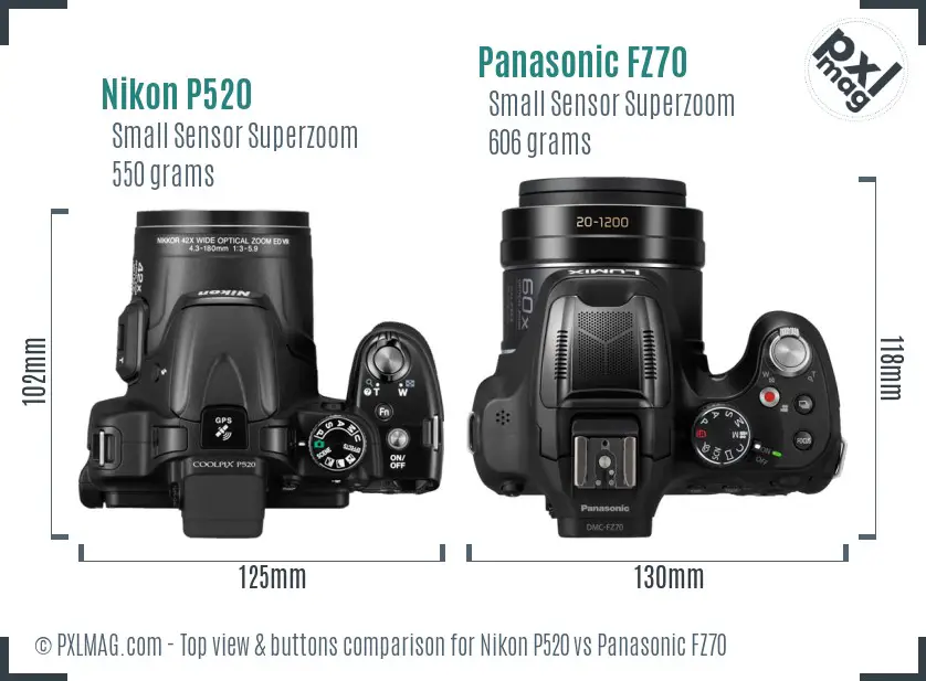 Nikon P520 vs Panasonic FZ70 top view buttons comparison