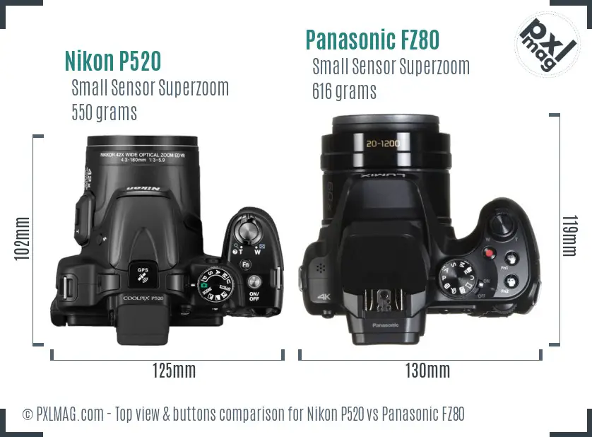 Nikon P520 vs Panasonic FZ80 top view buttons comparison