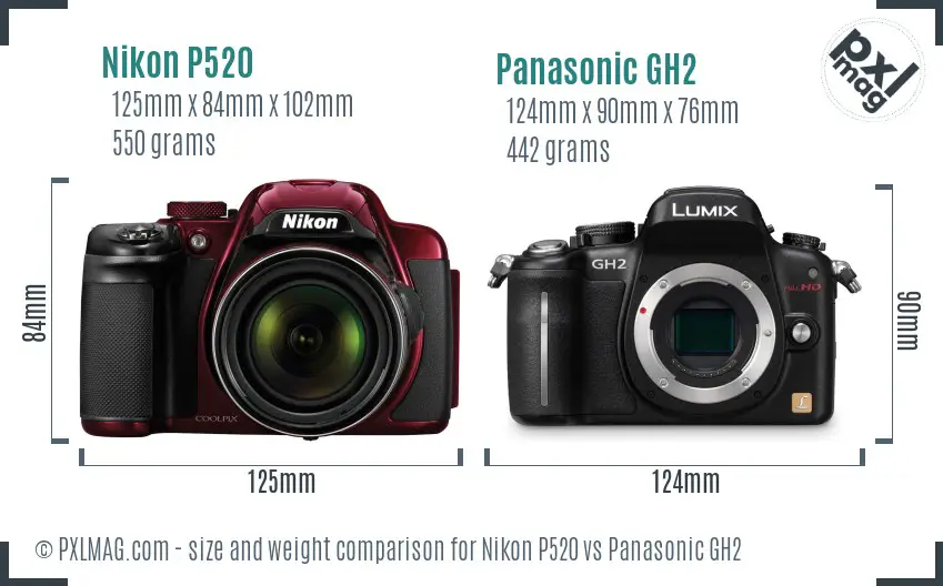 Nikon P520 vs Panasonic GH2 size comparison