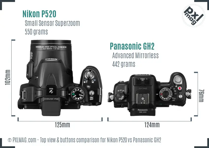 Nikon P520 vs Panasonic GH2 top view buttons comparison