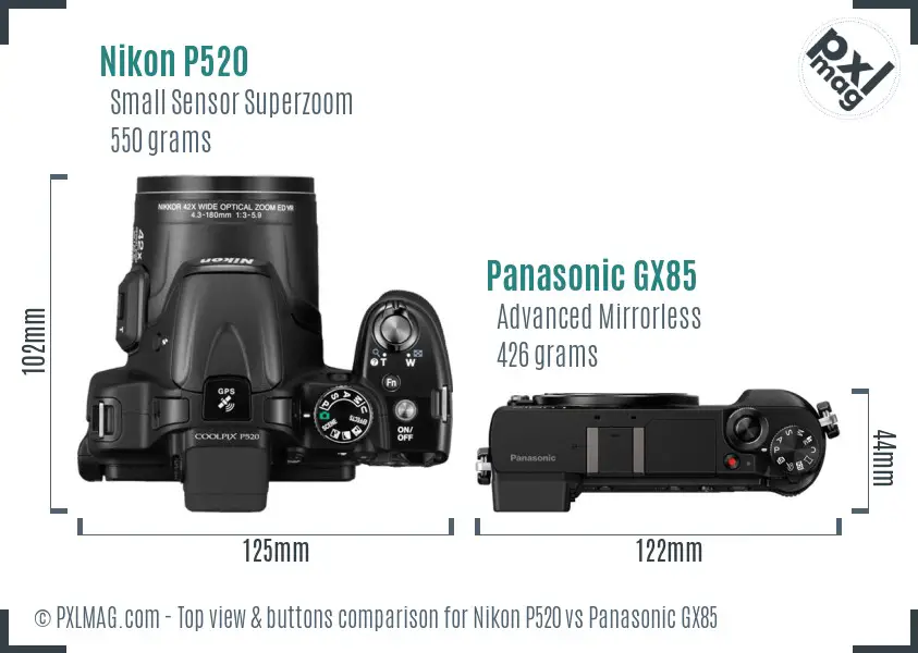 Nikon P520 vs Panasonic GX85 top view buttons comparison Nikon P520 vs Panasonic GX85 top view buttons comparison