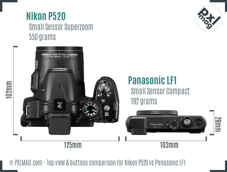 Nikon P520 vs Panasonic LF1 top view buttons comparison