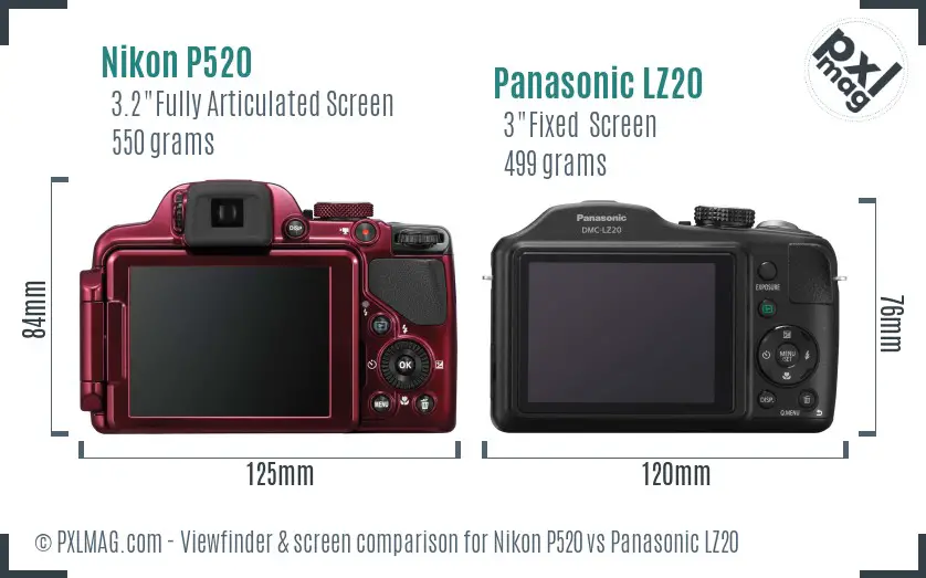Nikon P520 vs Panasonic LZ20 Screen and Viewfinder comparison