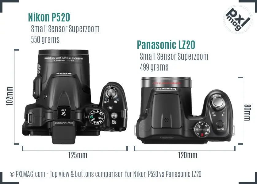 Nikon P520 vs Panasonic LZ20 top view buttons comparison